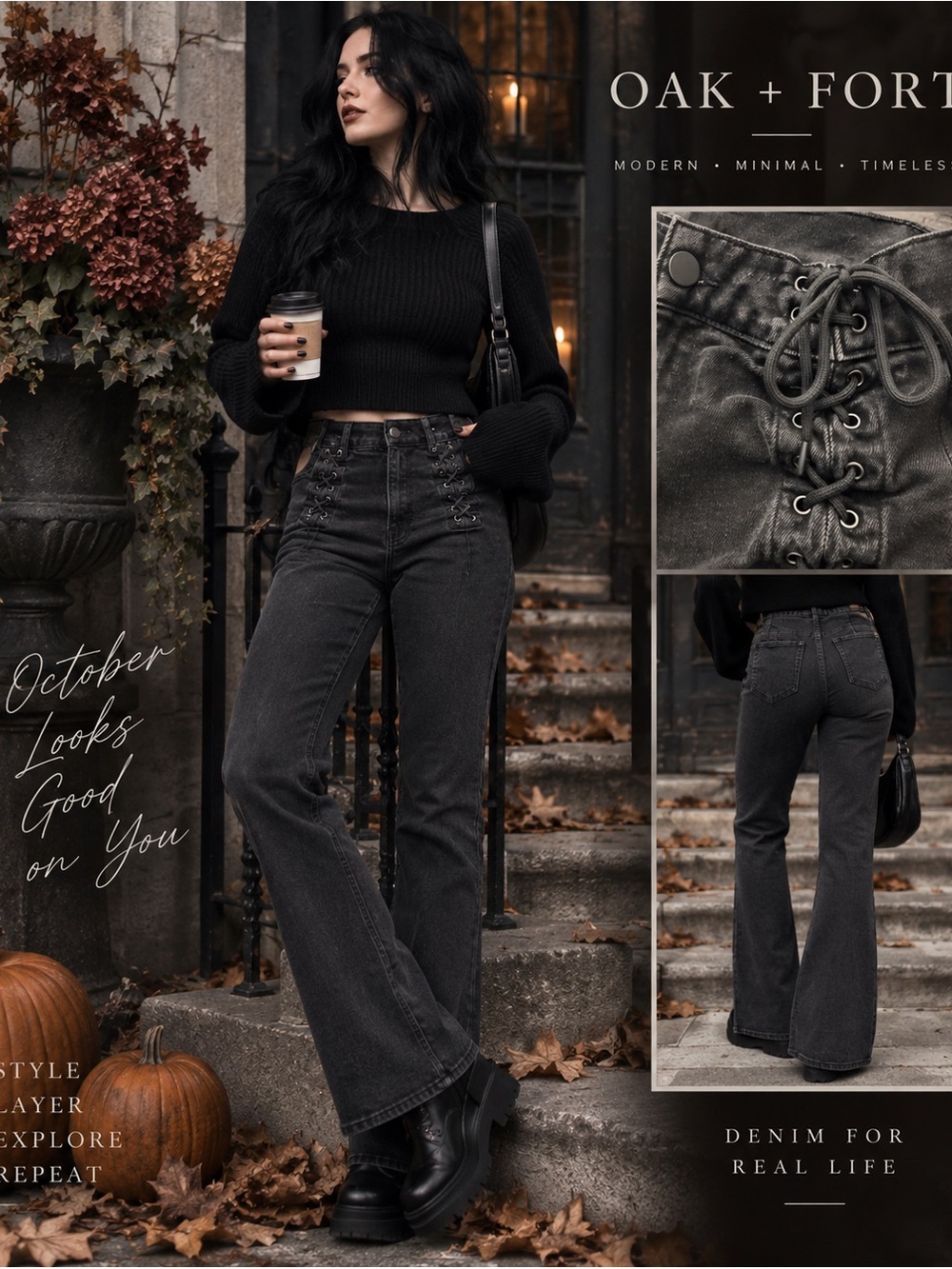 🖤🍂 OAK + FORT | Lace-Up | Flare Jeans | Charcoal | Size 28 | Organic Cotton